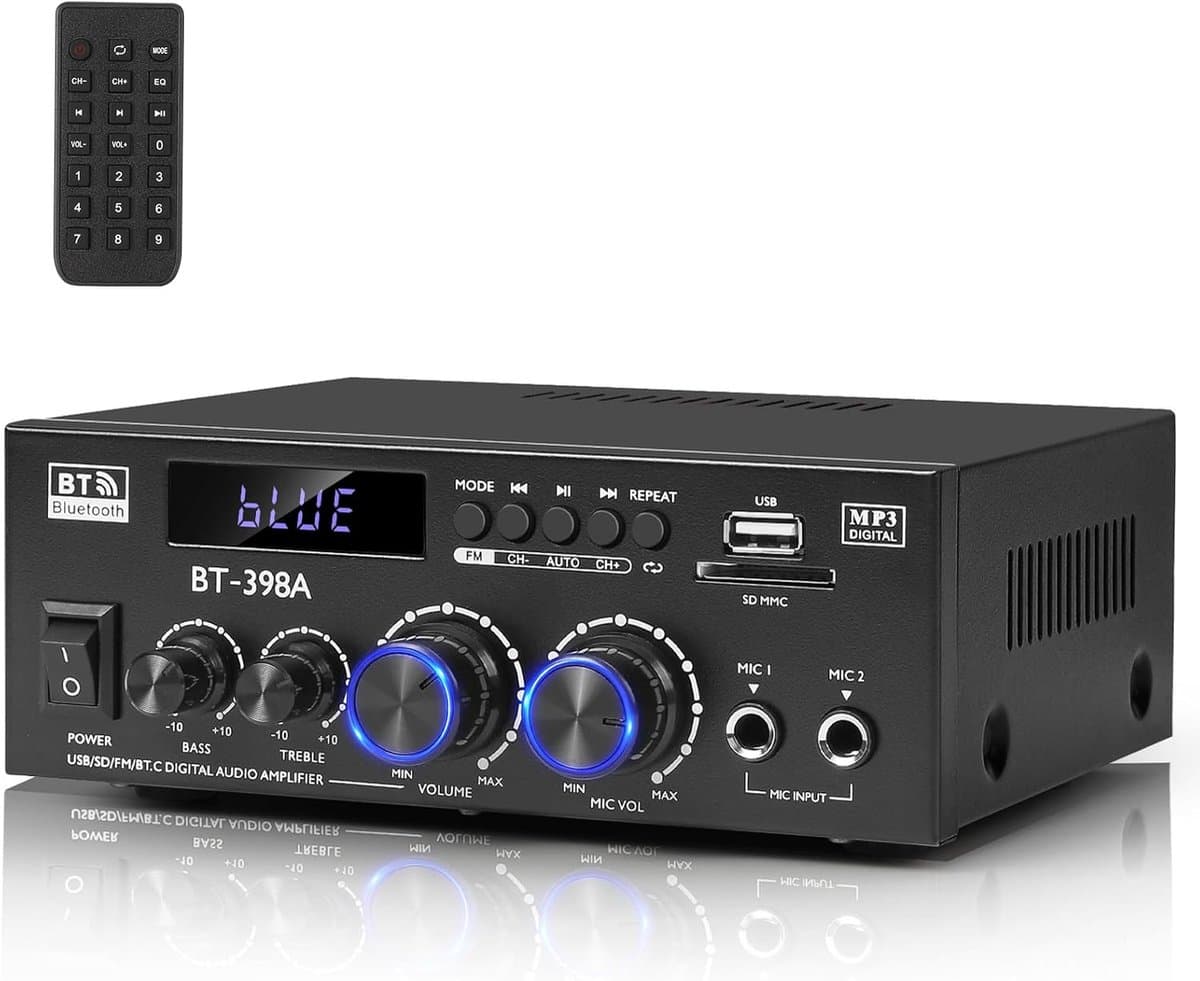 Mini HiFi Stereo Versterker met Bluetooth 450W - 2-kanaals Audio Versterker met FM-radio, USB, SD, Optische en Coaxiale Ingangen — afbeelding 1