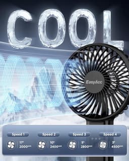 Draagbare oplaadbare ventilator met 4 snelheden – 180° opvouwbaar, wasbare bescherming en lange batterijduur — thumbnail 1