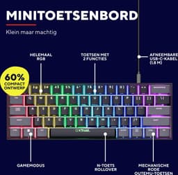 Trust GXT 867 Acira - Mechanisch Gaming toetsenbord - Mini - 60% - RGB Verlichting - PC/PS5 - Red Switches - Zwart — thumbnail 4