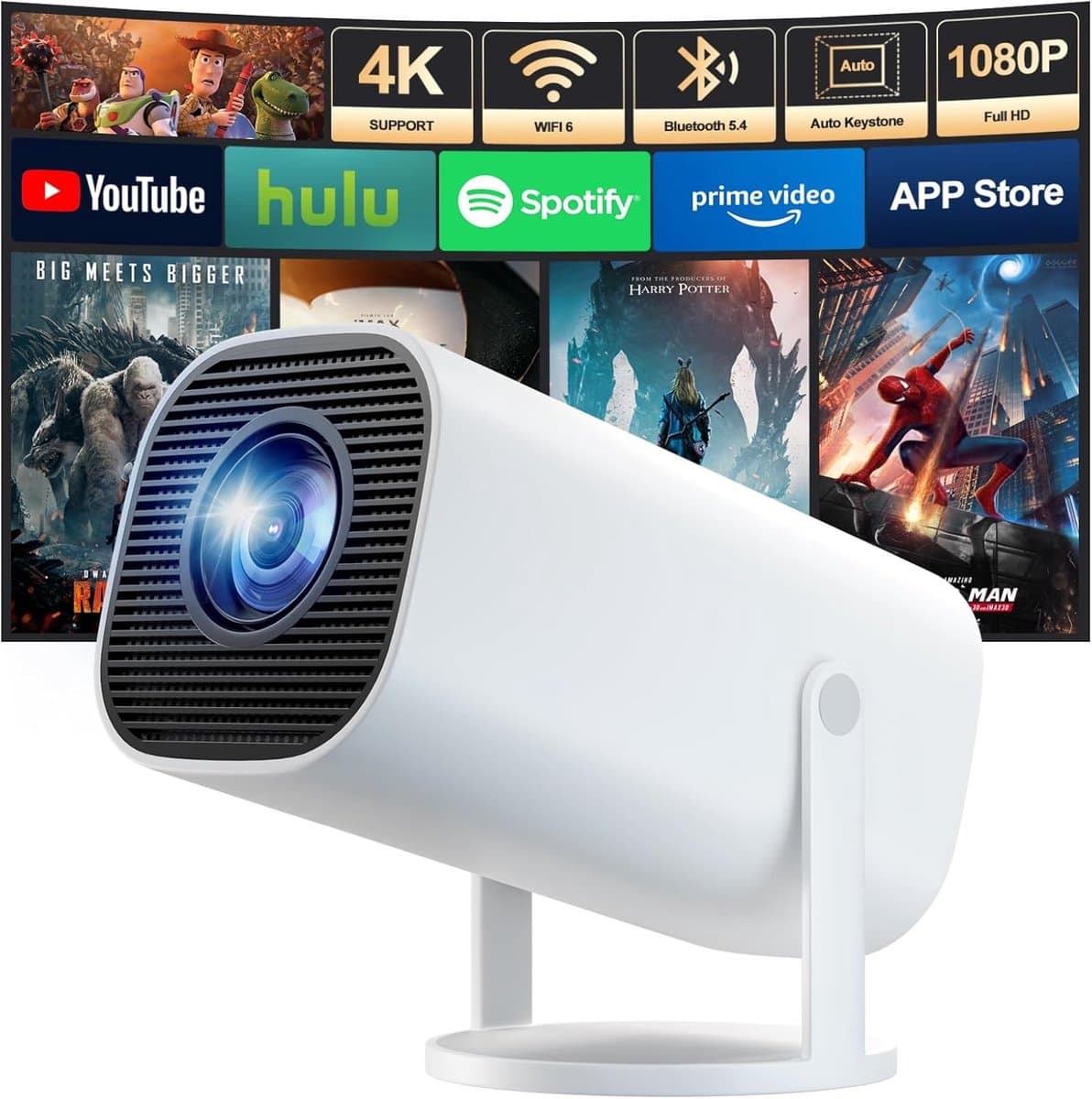 4K Full HD 1080P mini-projector, draagbare projector, compatibel met WiFi 6 en Bluetooth 5.4, 180 graden rotatie en automatische trapeziumcorrectie. — afbeelding 1