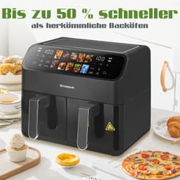 Heteluchtfriteuse – Dubbele Manden – 9 Liter – 2000 Watt – Kunststof – Zwart – Led Aanraakscherm Met Instelbare Temperatuur — thumbnail 2