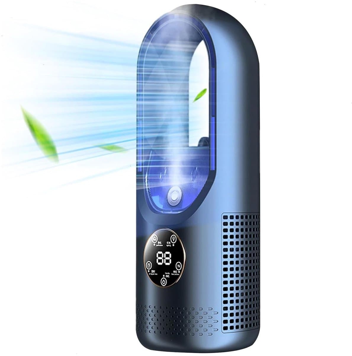 longziming -Bladeless Luchtkoeler met Bevochtiger – 6 Snelheden, Waternevel, Timer, Compacte USB Ventilator voor Slaapkamer, Kantoor en Woonkamer – 100 ml – blauw — afbeelding 1