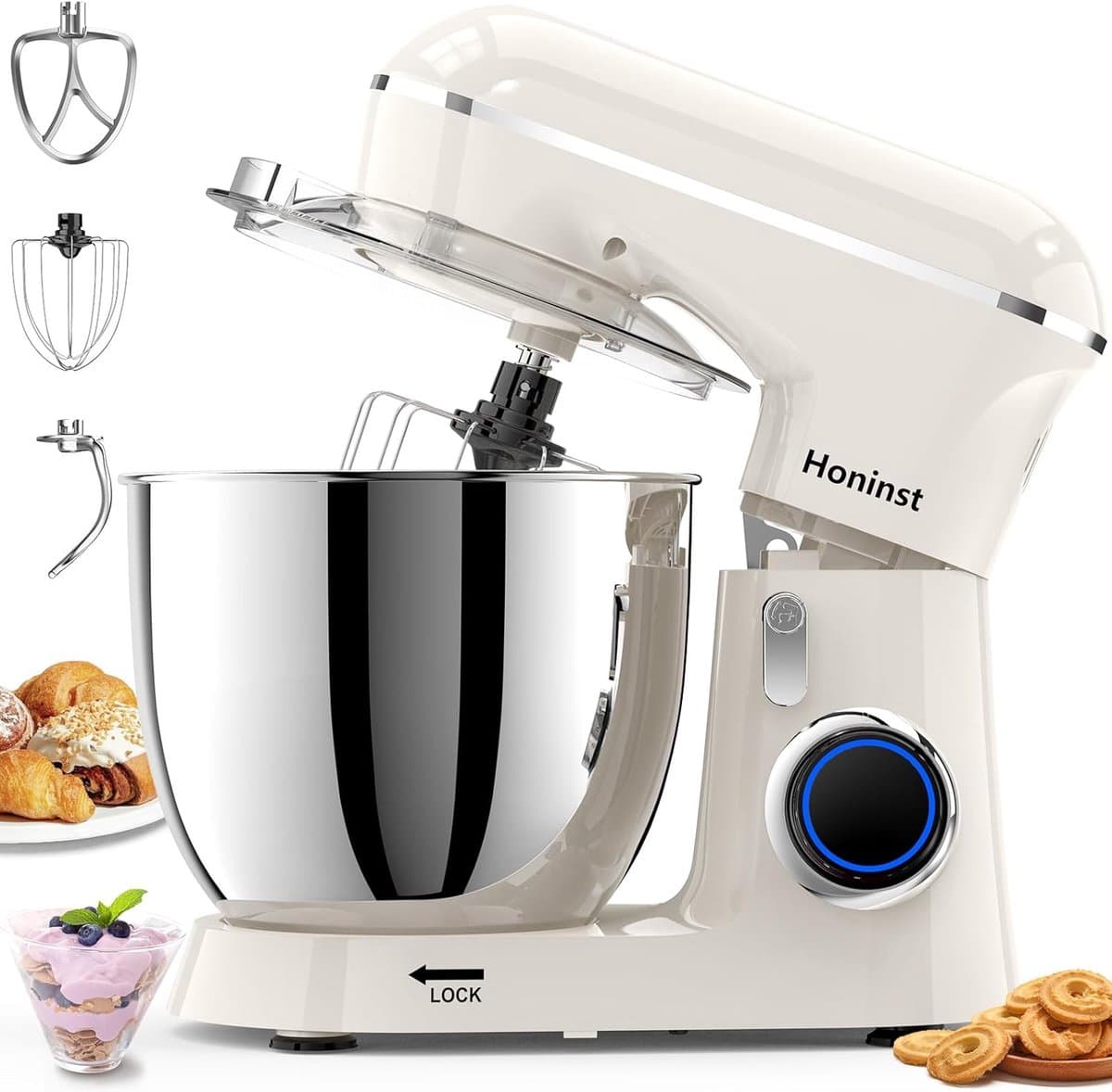 SnelShoppen - Keukenmachine 1400 W, Kneedmachine met 6 L Roestvrijstalen Kom, 10+ P-niveaus, Deegmachine voor Baktijd, Wit, inclusief Garde en Spatbes — afbeelding 1