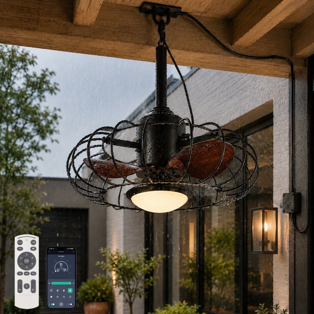 Rosnek Plafondventilator met Lamp voor Buiten - IP65 Waterdichte Ventilator ∅ 50 cm - stille DC-moto - Ventilatorlamp met 5M Stekker, App en Afstandsbediening - 6 Snelheden - Dimbare - Zwart - Voor Terras, Pergola, Gazebo en Balkon — afbeelding 1