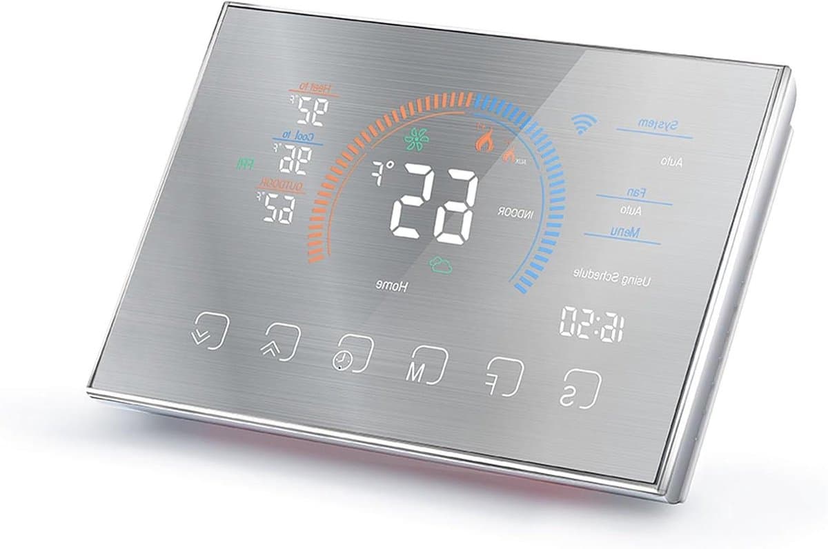 Slimme Thermostaat - Digitale Regelaar - Energie Besparen - APP en Spraakbediening - LCD Touchscreen - Geborsteld Zilver — afbeelding 1