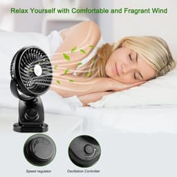 Mini tafelventilator, clipventilator met 90° automatische rotatie, 360° rotatie, USB-ventilator met diffuserfunctie voor thuis, kantoor, auto, kinderwagen (3600 mAh batterij) — thumbnail 2