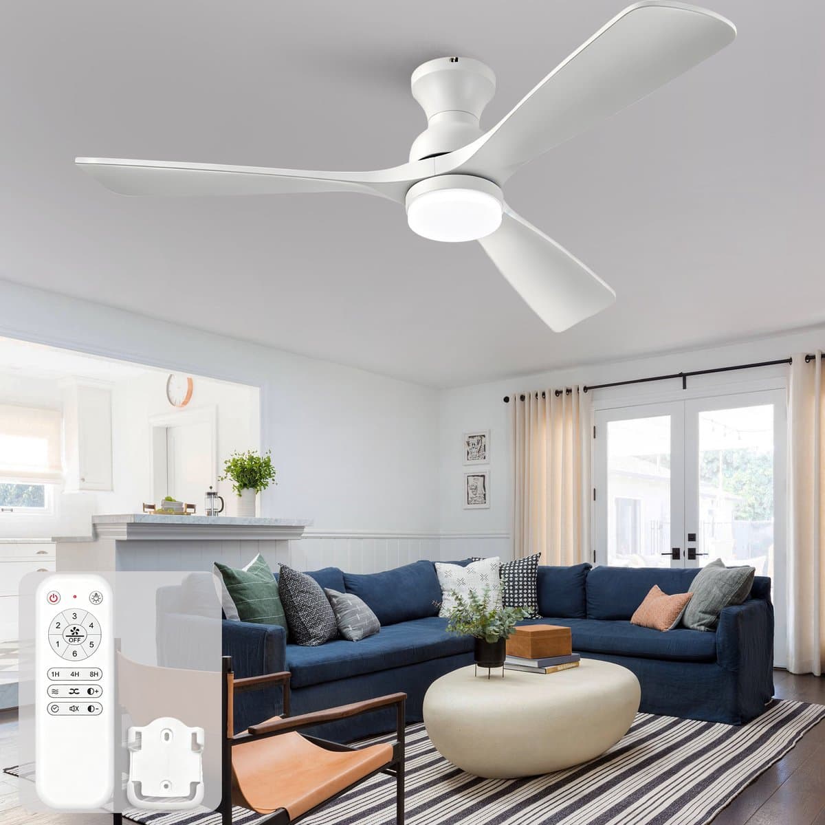 Re-purelife® Koel Zomer Collectie Plafondventilator met Verlichting 132×132×33 cm - Wit - 3 Massief Houten Bladen - Dimbare 3CCT LED - Afstandsbediening - 6 Snelheden - Stil - Omkeerbare Motor — afbeelding 1