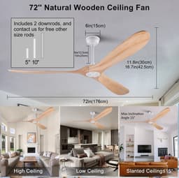 MIVRAY Plafondventilator – 176 cm – Stil Met Afstandsbediening En 6 Snelheden – Metaal En Hout – Wit Natuurlijk – Zonder Verlichting Voor Grote Ruimtes — thumbnail 3