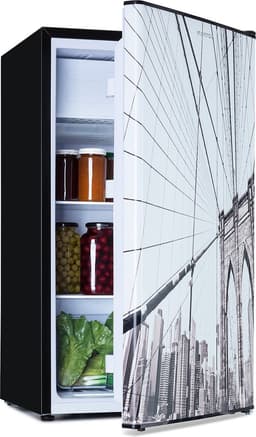 Klarstein CoolArt koel-vriescombinatie - Koelkast met 2 koelstanden, designfront, 5-traps thermostaat, 0 tot 10 °C, inhoud: 79 liter, motief: Stadsgezicht — thumbnail 1