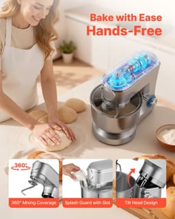 Keukenmachine - Standmixer en Deegmixer - 1500 W - RVS Kom 6 L + Mengkom 1,5 L - 6 Snelheden + Pulse - Deeghaak, Garde en Klopper — thumbnail 4
