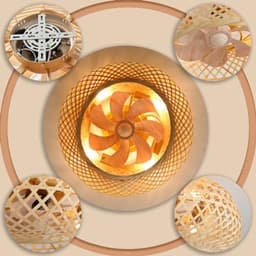 Bamboe Lampenkap Plafondventilator met Verlichting en Afstandsbediening - Stil Plafondlicht met 6 Snelheden en Omkeerbare Rotatie - Rieten Hanglamp voor Slaapkamer, Woonkamer en Keuken — thumbnail 4