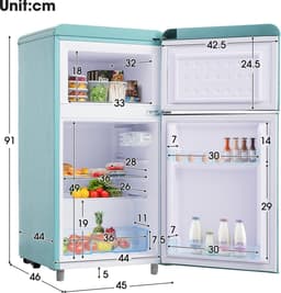 Merax Retro Mini Koelkast – Tafelmodel Koel-vriescombinatie 91 cm – 72L Inhoud – 21L Vriesvak en 51L Koelvak – Energieklasse E – Cyaan Blauw — thumbnail 3