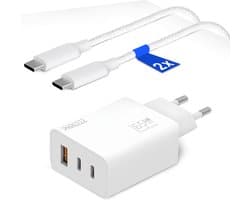 65W USB C Adapter met 3 Poorten + 1 Meter USB-C Kabels – Snellader voor Laptop, Smartphone en Tablet – Universele USB-C Oplader