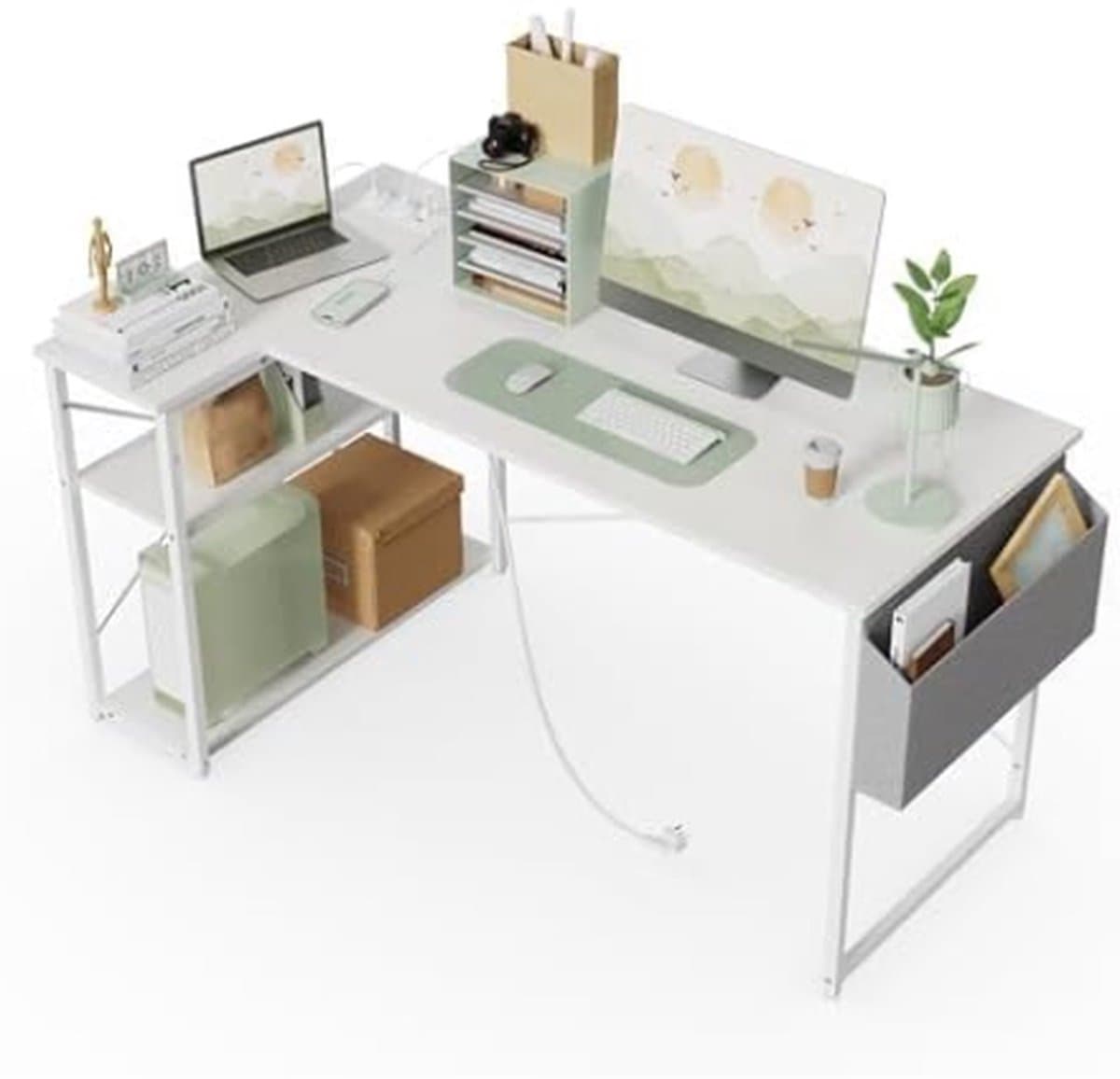 Klein Hoekbureau met - 100x70 cm L-vormig Computerbureau Schrijftafel met Omkeerbare Grote Opbergplanken - Boekenplank Werkstation voor Studie, Speel, Werk en Slaapkamer in Thuis Kantoor — afbeelding 1