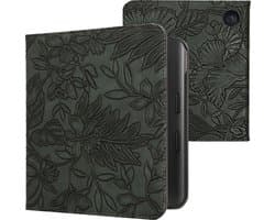 kwmobile e-reader hoesje geschikt voor Kobo Libra Colour hoes - E reader flip case met magneetsluiting - Ereader cover - Bloemen in reliëf design in groen