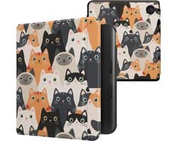 kwmobile e-reader hoesje geschikt voor Kobo Libra Colour hoes - E reader flip case met magnetische sluiting - Ereader cover - Katten design in oranje / zwart / wit
