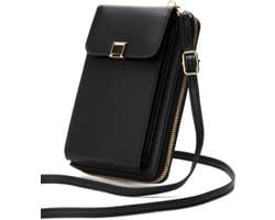 Telefoontasje Met Portemonee Schoudertas Voor Telefoon - Lederen Crossbody Tas Dames - Zwart