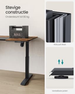 Elektrisch Zit-Sta Bureau – 70x160x(72–120) cm – In Hoogte Verstelbaar – 4 Geheugenstanden – Vintage Bruin/Zwart – Geluidsarm <50 dB – Kabelmanagement – Opbergvak – Draagkracht 80 kg — thumbnail 2