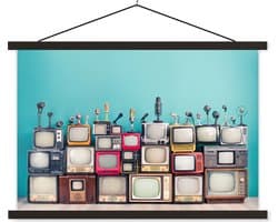 Posterhanger incl. Poster 120x80 cm - Schoolplaat - Televisie - Microfoon - Vintage - Textielposter - Zwarte latten