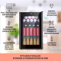 Klarstein Mini koelkast - Glazen deur - LED Verlichting - 3 Planken - 70 liter - Binnen/Buiten - 0-10°C - Zwart - Compact - Touch - Mini Fridge Kleine Koelkast Hotelkoelkast Drankkoeler Compact Koelkast — thumbnail 4