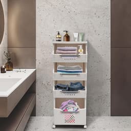 Waskast met Wielen - Kleding Organizer - Sorteren en Opbergen - Vier Compartimenten - 110 cm Hoog - Wit Grijs — thumbnail 4