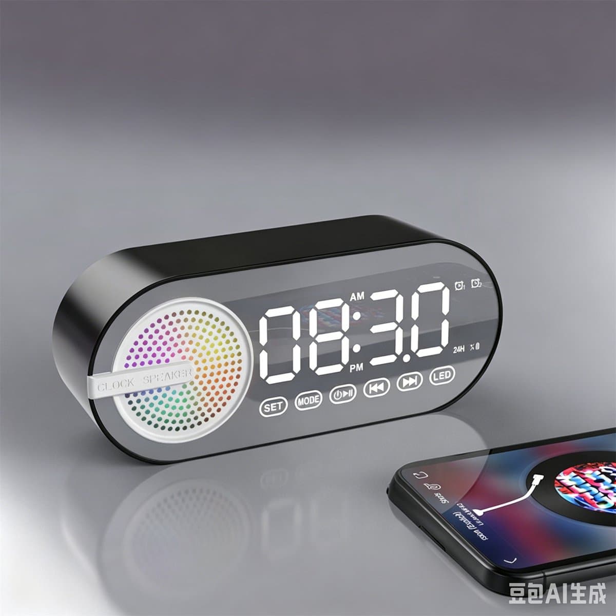 4-in-1 draadloze Bluetooth luidspreker wekker – Draagbare Bluetooth speaker, digitale klok, FM-radio, spiegelscherm, USB-opladen, RGB-verlichting – Geschikt voor thuis, buiten, kantoor & reizen – Zwart — afbeelding 1
