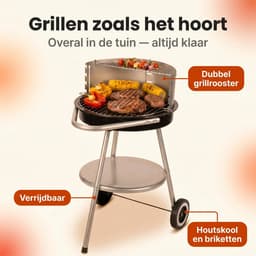 Cheqo® Houtskool Barbecue - BBQ - Houtskoolbarbecue - Ronde Barbecue - Tuinbarbecue - Houtskool Grill - BBQ op Wielen - Verrijdbare Barbecue met Onderrek - Dubbel Grillrooster - Voor Houtskool en Briketten - Voor Tuin en Camping - Zwart — thumbnail 3