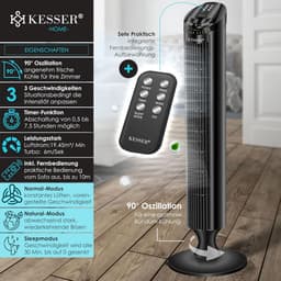 Torenventilator met afstandsbediening | 90° oscillatie | 3 snelheden | 90 cm | Timerfunctie | Geluidsarm | Elegante voetventilator — thumbnail 1
