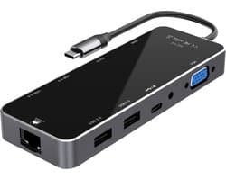 USB-C Hub 10 in 1 - Multiport Adapter – HDMI - VGA - Gigabit Ethernet - 3x USB 3.0 - SD/TF-kaartlezer - PD - 100W opladen