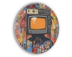 Akoestisch wandpaneel rond 80x80 cm - Vilt schilderij Televisie - Graffiti - Mens - Kleuren - Ronde akoestische panelen - Geluidsdempende wanddecoratie - Geluidsisolatie wandcirkel - Muurdecoratie geluidspanelen