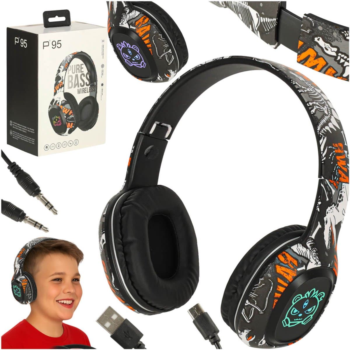 MOZY® - Draadloze Koptelefoon - Zwart Graffiti - Bluetooth - tot 10 Meter - tot 100 uur - Bedieningspaneel - Micro SD-kaartlezer - Hoofdtelefoon Kinderen - Verstelbaar — afbeelding 1