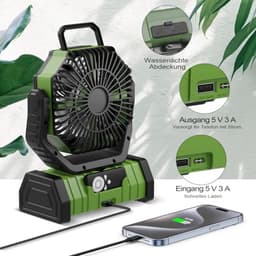 Draagbare Campingventilator met LED licht - 20.000 mAh, 4 standen, USB, Stil, Met Afstandsbediening en Haken - Ideaal voor Picknick, Barbecue, Vissen en Wandelen — thumbnail 2