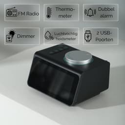 Caryota Wekkerradio - Digitale Radiowekker - Dimmer - Dubbel Alarm - Duo Oplader - FM - LED-display - Temperatuur- en Luchtvochtigsheidmeter - Zwart — thumbnail 2