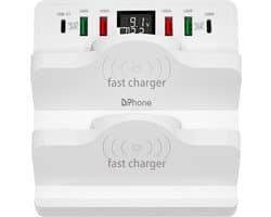 DrPhone SmartC7 Multifunctionele 80W Laadstation - 6-poorts –PD 3.0 20W/QC Qualcomm 3.0 18W - Oplaadstation met Dubbele Draadloos Oplader met LED Display – Wit