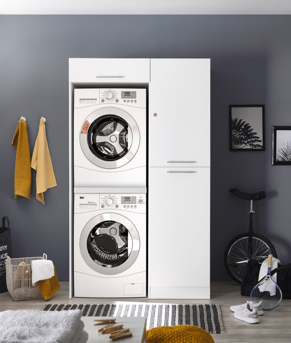 Wasmachine kast en linnenkast met bovenkast - Wasmachine kast en droger kast - Wasmachine ombouw - Wasmachine meubel - Wit — afbeelding 1