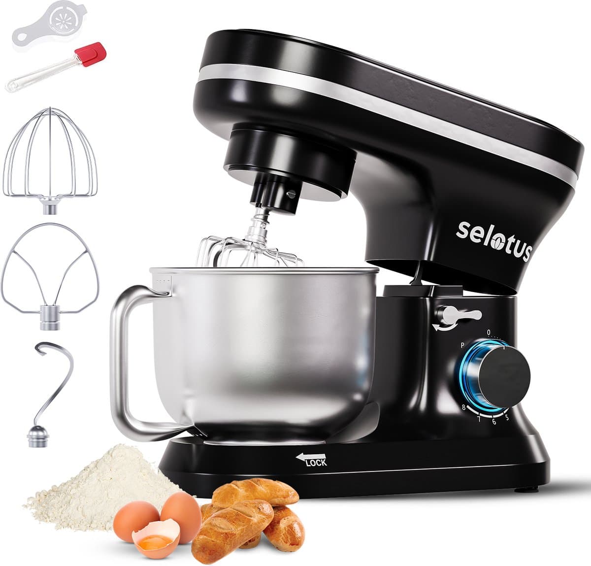 Selotus Keukenmixer – 6L RVS mengskom – 3x opzet stuk erbij – Likker – keukenmachine – foodprocessor – keukenrobot – 1400W - Zwart — afbeelding 1