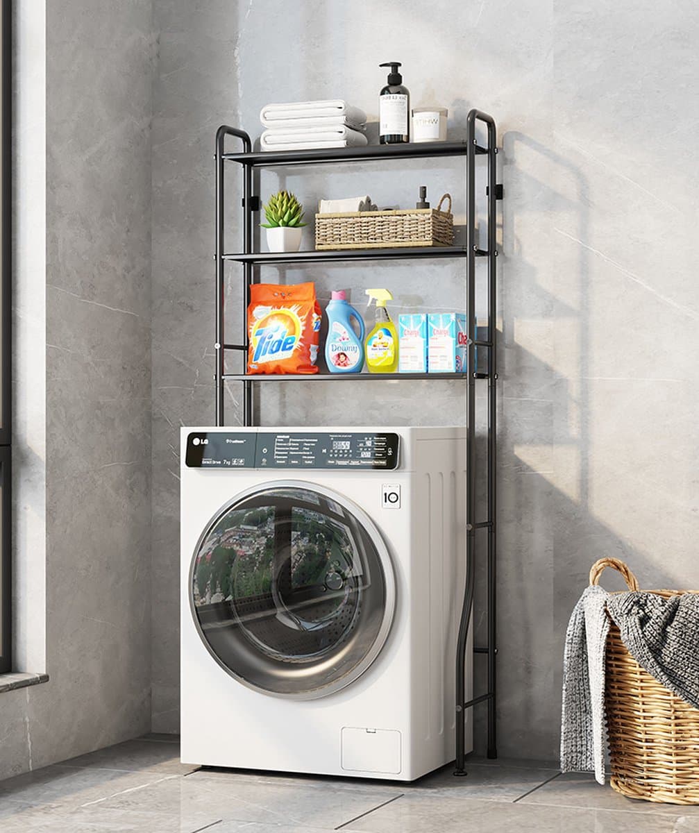 Wasmachine opbergrek zwart - Badkamerrek - Wasmachine ombouw - Opbergrek voor wasmachine - Wasmachine kast - Wasmachine meubel met 3 schappen - 26.5 x 66.5 x 155cm — afbeelding 1