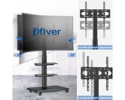 Tv-standaard, oprolbaar, televisiestandaard, vloerstandaard, RFIVER TV trolley met wielen voor 26-65 inch televisie - draaibare mobiele televisie standaard, in hoogte verstelbaar, hoog, zwart, max. 35