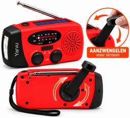 Yarvu ® Noodradio Solar Opwindbaar + LED Hoofdlamp op Batterijen - Noodpakket - 2000mAh - Powerbank - LED Zaklamp - Op Accu - Aanzwengelen - FM AM Radio - Zonne Energie - SOS Sirene - Rood — thumbnail 2