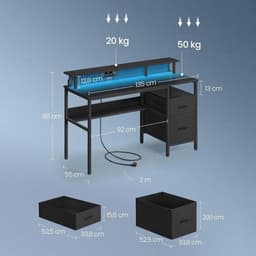 Bureau Computerbureau Zwart 55 x 135 x 90 cm, Bureau met Stopcontacten en USB, Monitorstandaard, LED Verlichting, Opbergruimte, Lades, Gaming Bureau, Thuiswerkplek, Schrijftafel, Metalen Frame, Multifunctioneel, Kantoor, Slaapkamer — thumbnail 2