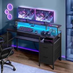 Bureau Computerbureau Zwart 55 x 135 x 90 cm, Bureau met Stopcontacten en USB, Monitorstandaard, LED Verlichting, Opbergruimte, Lades, Gaming Bureau, Thuiswerkplek, Schrijftafel, Metalen Frame, Multifunctioneel, Kantoor, Slaapkamer — thumbnail 4