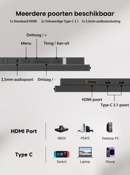 UPERFECT 23,8-inch draagbare monitor, 120 Hz, 1920x1080 FHD IPS, USB-C- en HDMI-poort, tweede scherm met geïntegreerde standaard voor laptop/telefoon/spelconsole, VESA-montage mogelijk — thumbnail 2