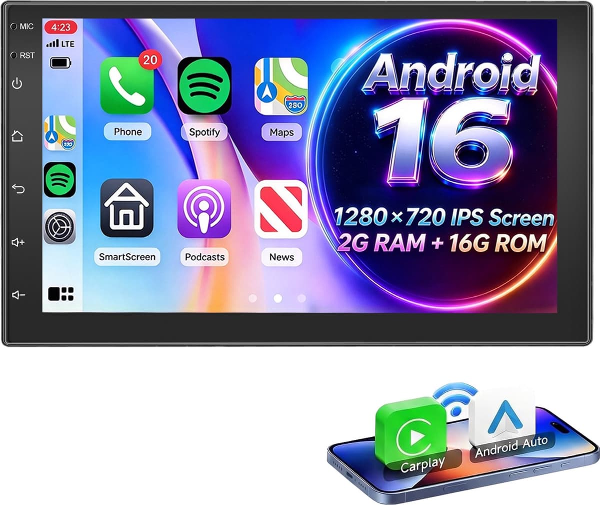 ESSGOO Autoradio 2 DIN Universeel – Android 16 – 7 inch HD-touchscreen - Apple CarPlay & Android Auto (Draadloos) – FM, wifi, SWC – GPS-navigatiesysteem — afbeelding 1