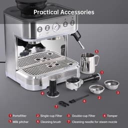 Espressomachine met Maal functie - Geborsteld RVS - 1350W Directe Verhitting - Handmatige Drukregeling - Thuis en Kantoor — thumbnail 5