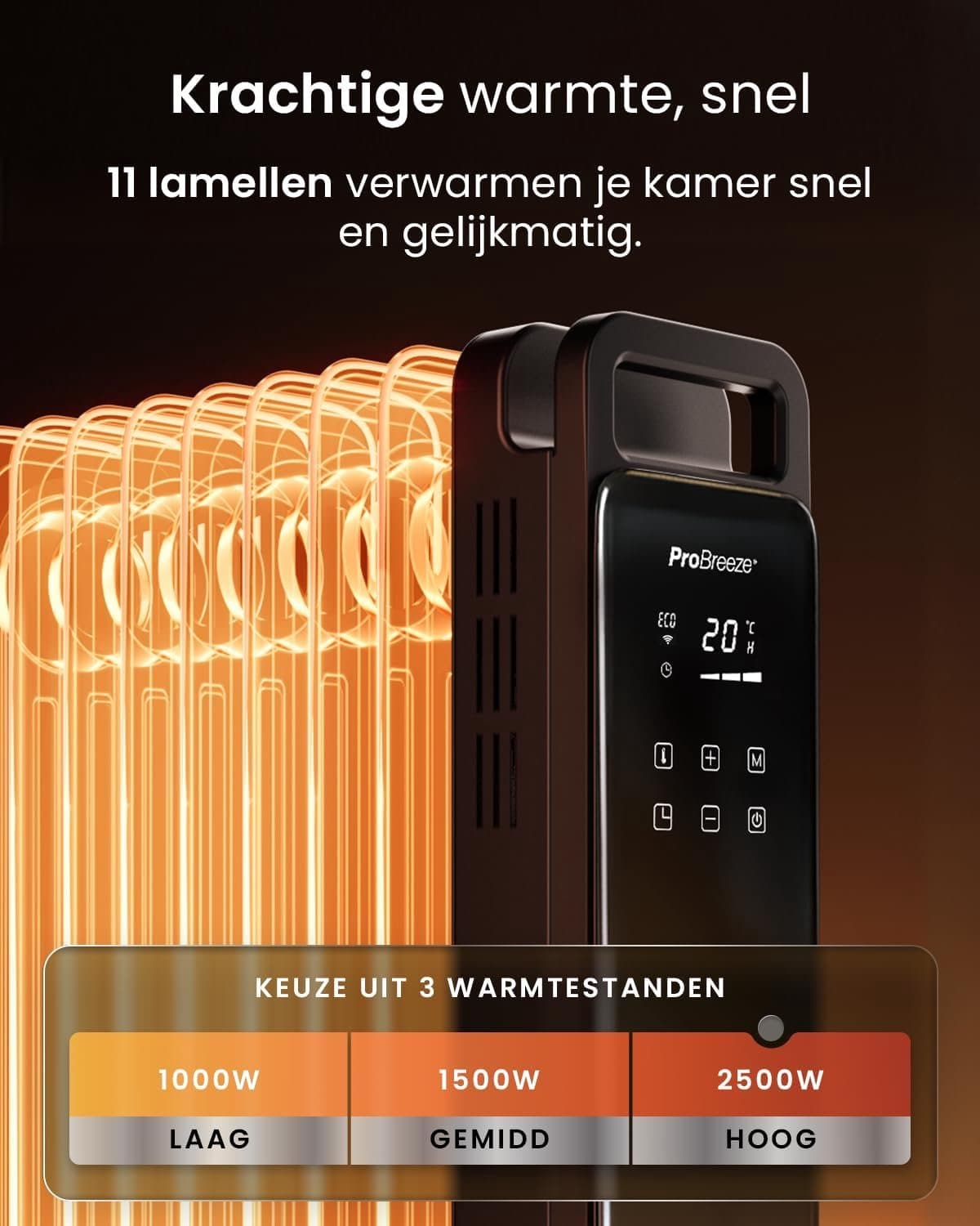 Slimme Oliegevulde Radiator 2500W met Wifi en App – Elektrische Kachel met 24-Uurs Timer, 3 Warmtestanden, Instelbare Thermostaat en Afstandsbediening – Zwart — afbeelding 1