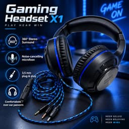 Gaming Headset X1 – Bedrade Gaming Koptelefoon met Microfoon – 360° Stereo Surround – Noise Cancelling – RGB – 3,5 mm – Geschikt voor PS4, PS5, Xbox & PC – Zwart/Blauw — thumbnail 3