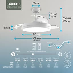 Varin® Smart Ventilator met verlichting - Wit - Tuya Wifi - Ø 50cm/108cm - 30W DC - Super stil - Smart lamp - Plafondlamp slaapkamer - Plafonniere woonkamer - Plafondlampen - Plafond lamp - Verlichting kinderkamer - Ventilator — thumbnail 3
