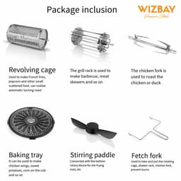 WizBay Premium Select® 8L Visual Airfryer met Glazen Inkijk – 2200W – Rotisserie – 8 Satéspiesen – Draaispit Kip – Roterend Mandje – Roerpeddel – Bakplaat – 80-230°C — thumbnail 4