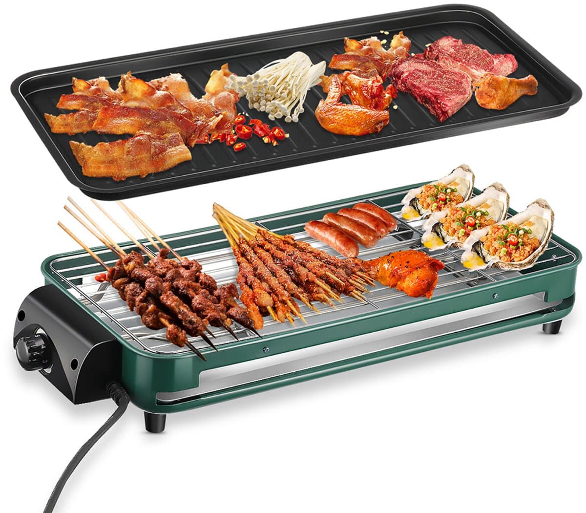 Tafelbarbecue - 2-in-1 elektrische grill - Dubbellaagse elektrische grillplaat - Binnenbarbecue - Ingebouwde rookafzuiging - Instelbare temperatuur - Inclusief 1 elektrische grillplaat, 1 grillpan, 1 grillrooster en 1 lekbak - 220V - 1500W - Blauw — afbeelding 1