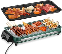 Tafelbarbecue - 2-in-1 elektrische grill - Dubbellaagse elektrische grillplaat - Binnenbarbecue - Ingebouwde rookafzuiging - Instelbare temperatuur - Inclusief 1 elektrische grillplaat, 1 grillpan, 1 grillrooster en 1 lekbak - 220V - 1500W - Blauw — thumbnail 1